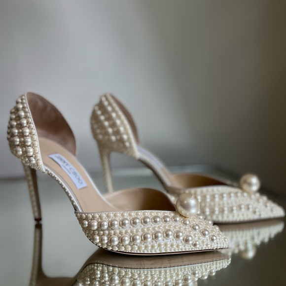 Like new JIMMY CHOO Sabine 85 faux pearl-embellished satin pumps 42 $1,895 - Picture 12 of 17